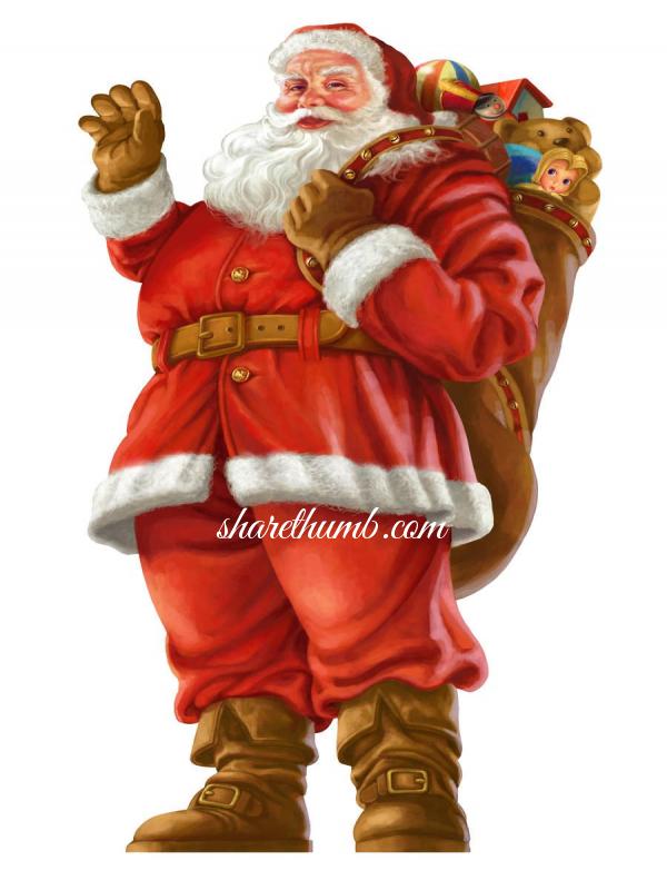 Cartoon of santa with lots of gift in the bag